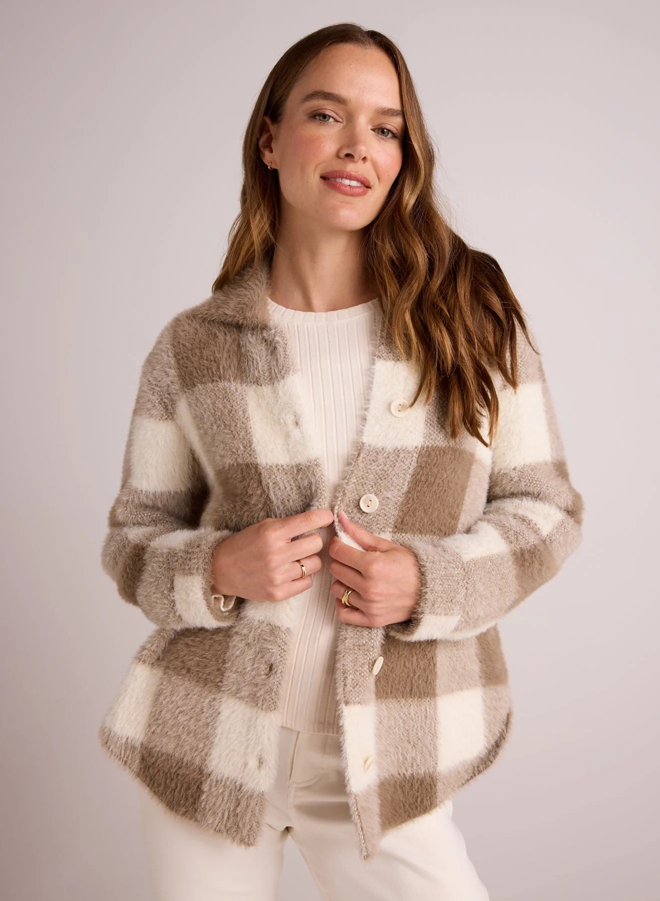 Knitted Fuzzy Shacket Soft Satin Blouse