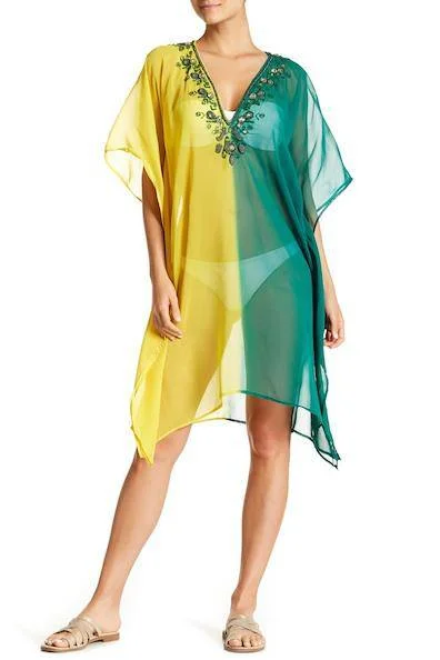 La Moda Women's Loose Solid Sheer Chiffon Caftan Poncho Batwing Tunic Top Blouse Feminine Tie Blouse
