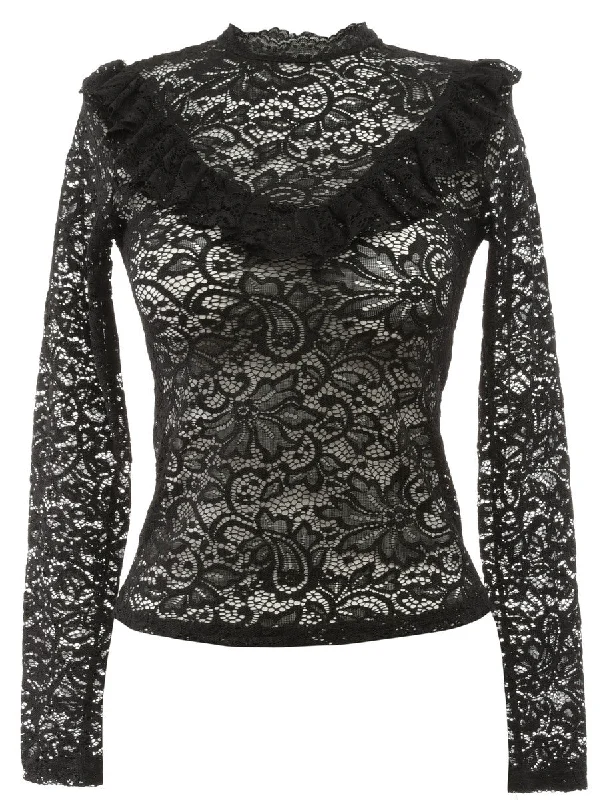 Lace Frilled Black Blouse - XS High Neck Blouse