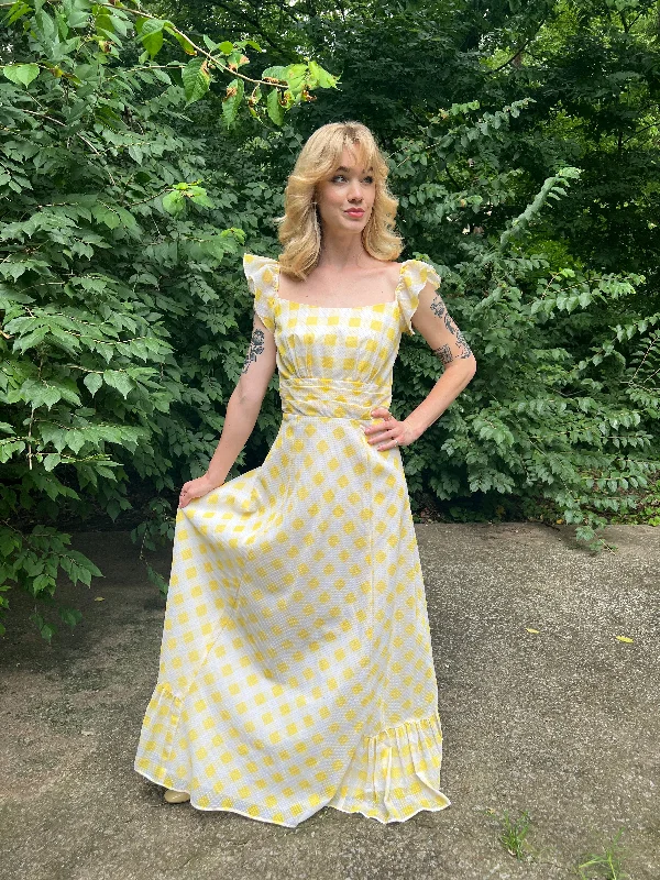 Ladies 70s Yellow & White Gingham Swiss Dot Maxi Dress Stylish Empire Waist Maxi Dress