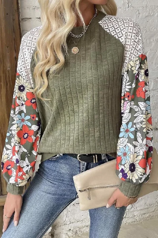 Floral Patchwork Long Sleeve Ribbed Blouse Classic Minimalist Blouse