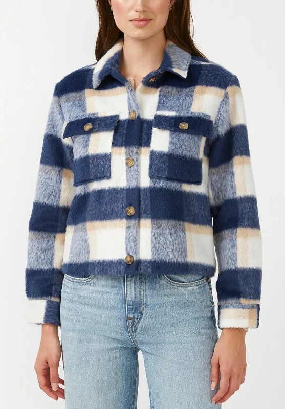 Lissandra Women's Cropped Shacket Tan Blue Plaid - JK0010F Feminine Puff Blouse