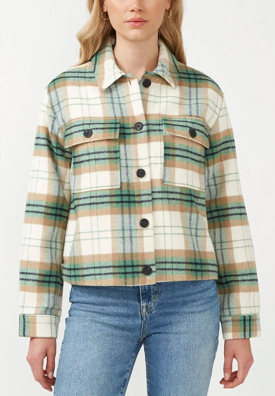 Lissandra Women's Cropped Shacket in Cream Green Plaid - JK0016F Pastel Color Blouse