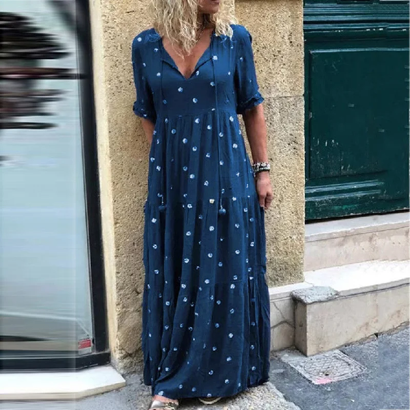 Long Dress Summer 2019 Women Boho Style Polka Dot Printed Party Maxi Dress Female Loose Cold Shoulder V Neck Ruffle Bow Dress Trendy Button Front Maxi Dress