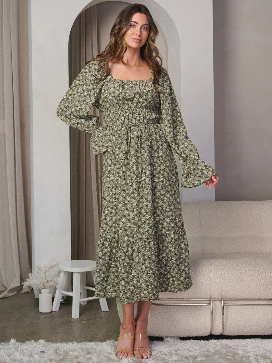 LONG SLEEVE SQUARE NECK FLORAL MAXI DRESS Casual Maxi Dress with Pockets