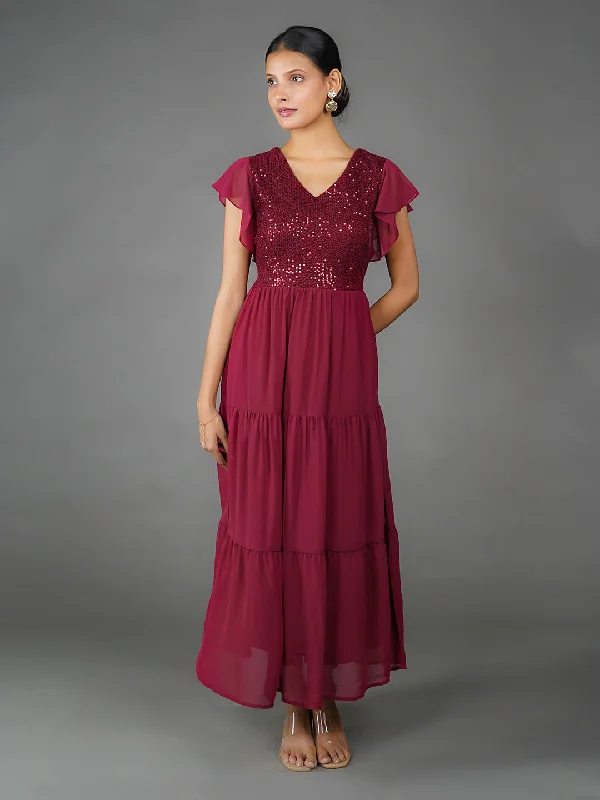 Maroon Solid Sequinned Flared Maxi Dress Stylish Off-Shoulder Maxi Dress