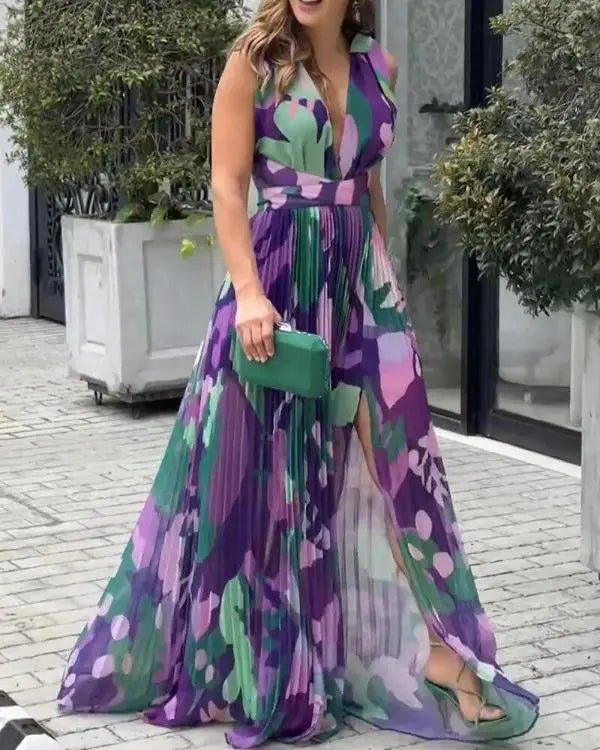 All Over Print Maxi Dress with Ruched Slit, Tied Detail, Backless Design for Casual Chic Style Trendy Button Front Maxi Dress