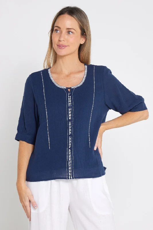 Meagan Linen Blouse - Navy Satin Drape Blouse