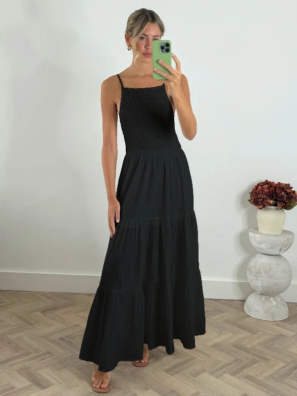 Melissa Shirred Maxi Dress in Black Cozy Maxi Dress with Slit