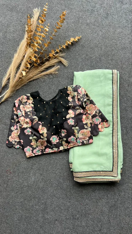 Mint organza saree with floral handwork blouse Lightweight Linen Blouse