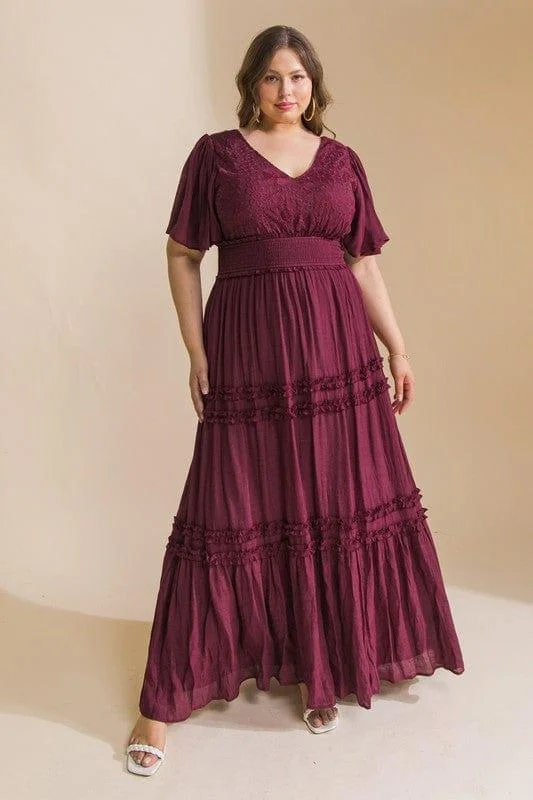 Mulberry Wine plus size solid lace maxi dress Elegant Tiered Maxi Dress