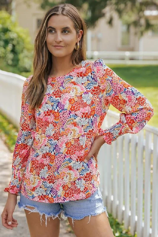 Multicolor Puff Sleeve Floral Blouse Side Tie Blouse