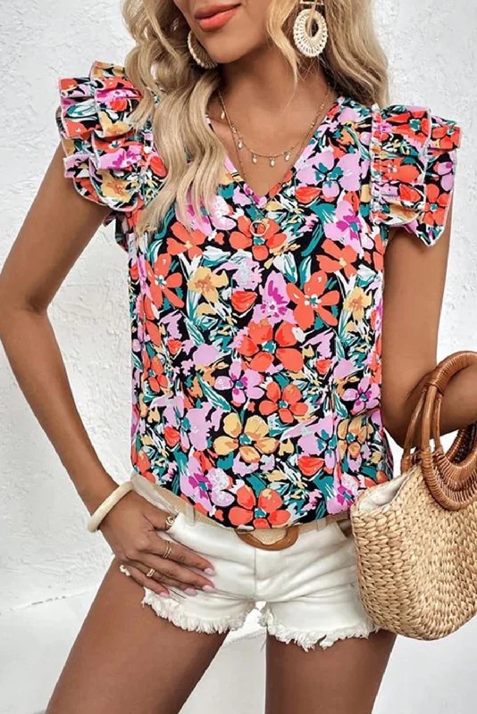 Multicolour Tiered Ruffled Sleeve Floral Blouse Casual Relaxed Fit Blouse