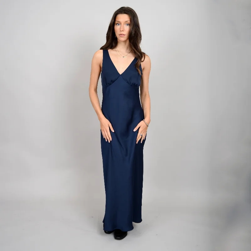 NAVY SILKY MAXI DRESS Fashionable Faux Wrap Maxi Dress