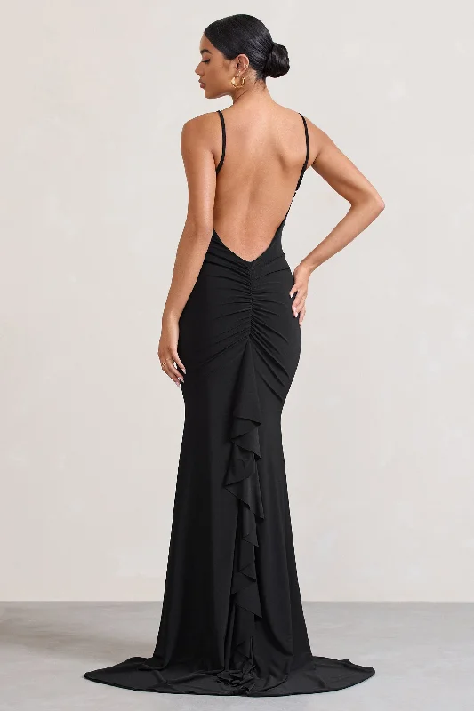 Naya | Black Strappy V-Neck Fishtail Maxi Dress Elegant Pleated Maxi Dress