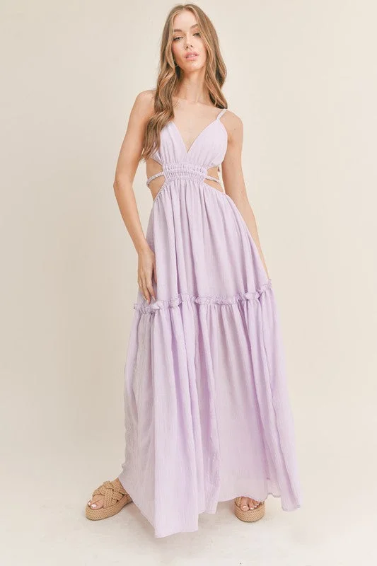 Never Too Late Lilac Cut Out Maxi Dress Cozy Ruffle Sleeve Maxi Dress