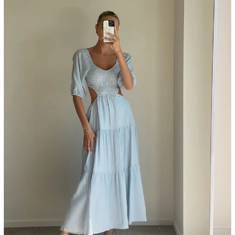 NOVA Baby Blue Puff Sleeve Flowy Open Back Maxi Dress Cozy Ruffle Sleeve Maxi Dress