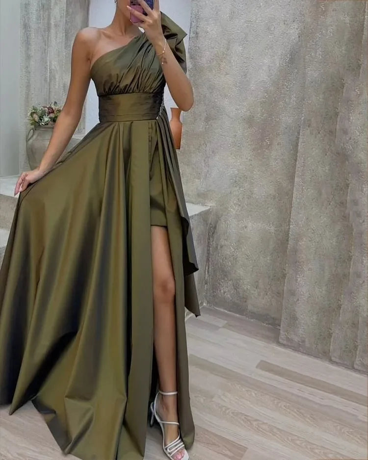 One-Shoulder Satin Maxi Dress – A-Line Evening Gown with Side Slit Elegant Tiered Maxi Dress