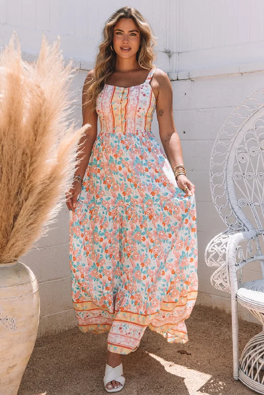 Orange Boho Floral Print Sleeveless Tiered Maxi Dress Cozy Knit Maxi Dress