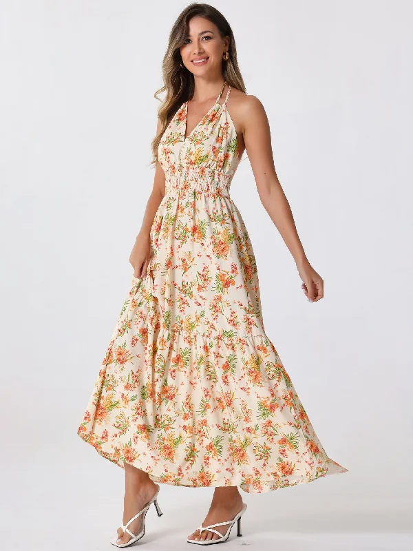 Halter Neck Boho Sleeveless Elastic Waist Backless Floral Sundress Maxi Dress Trendy Maxi Dress with Lace