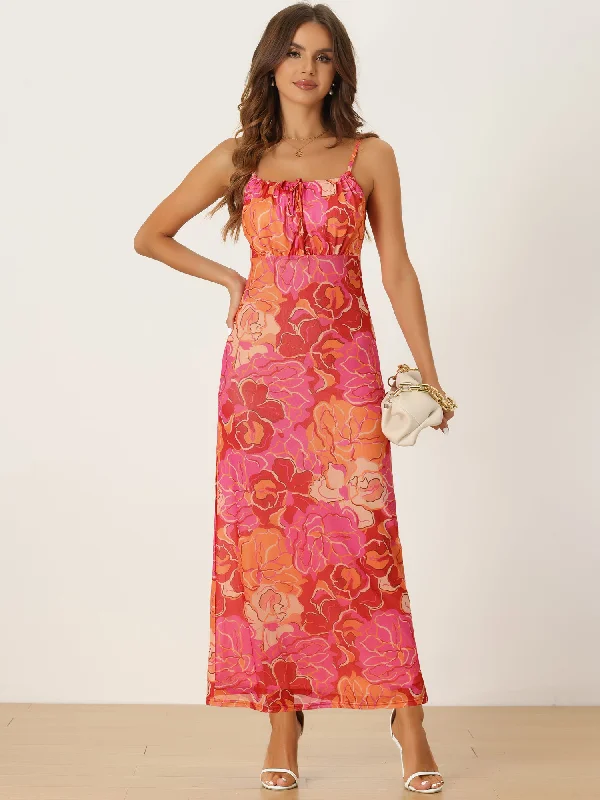 Bold Floral Sleeveless Spaghetti Strap Maxi Dress Sundress Trendy A-Line Maxi Dress