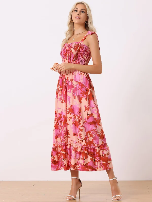 Tie Straps Sleeveless Smocked Square Neck Floral Maxi Dress Sundress Stylish A-Line Maxi Dress