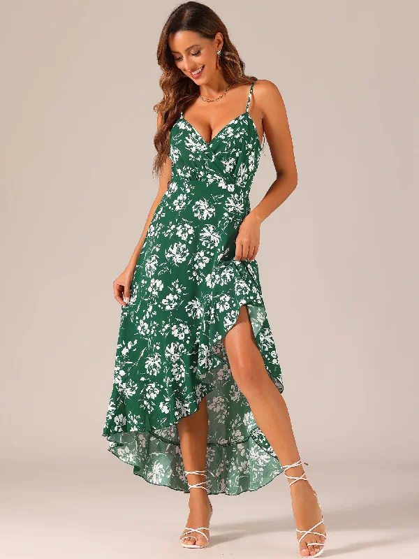 Spaghetti Strap Belted Ruffle High Low Hem Sleeveless Floral Maxi Dress Elegant Maxi Dress with Drapes