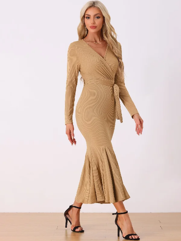 Solid Belted Long Sleeves Bodycon Fishtail Mermaid Maxi Dress Comfortable Cotton Maxi Dress