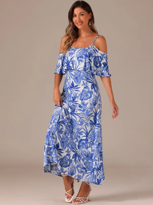 Flare Sleeve Cold Shoulder Tropical Plant Print Vacation Maxi Dress Casual Maxi Dress with Pockets