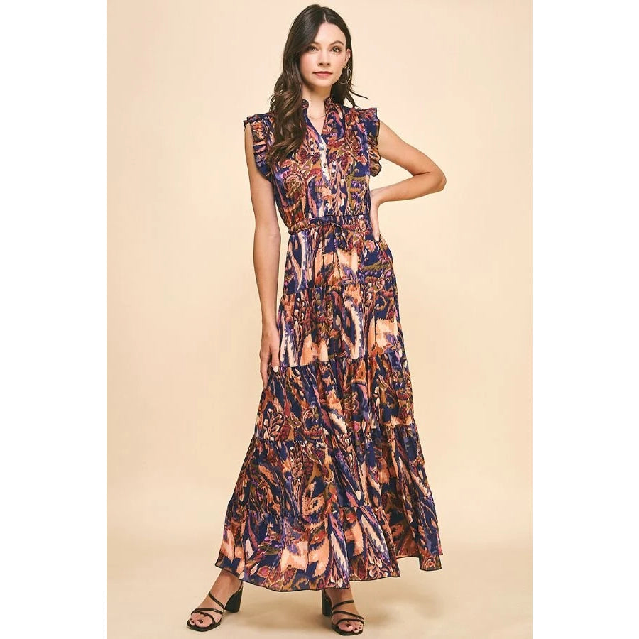 Pinch - Satin Print Maxi Dress - Navy Fashionable High-Waist Maxi Dress