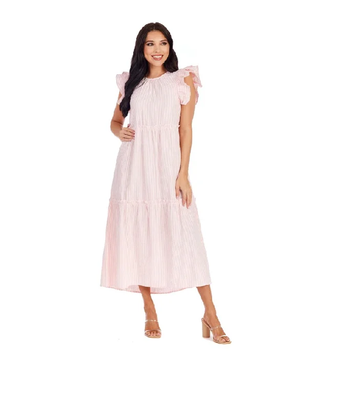 Pink Bardot Maxi Dress Fashionable Chiffon Tiered Maxi Dress