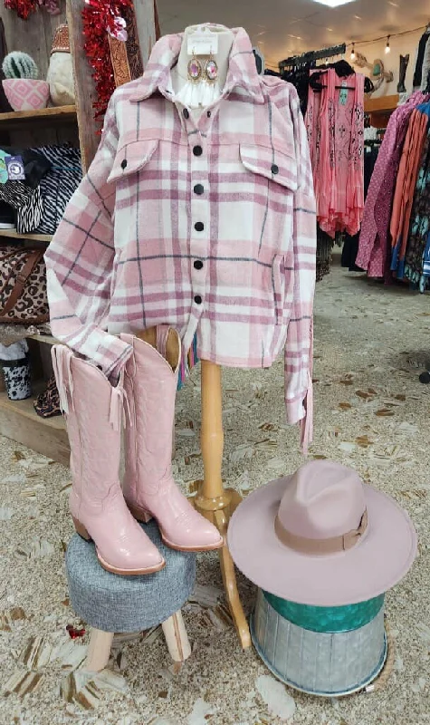 PINK FRINGED BACK PLAID SHACKET Elegant Silk Blouse
