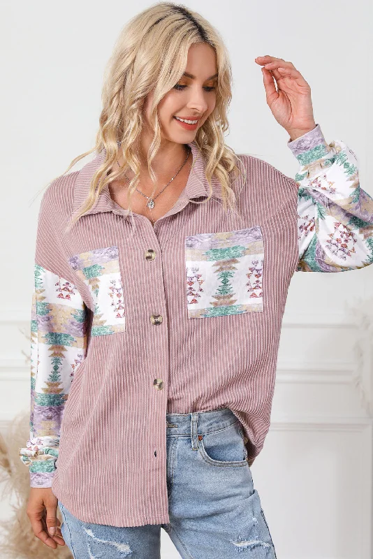 Pink Toltec Corduroy Contrast Shacket Bell Sleeve Blouse