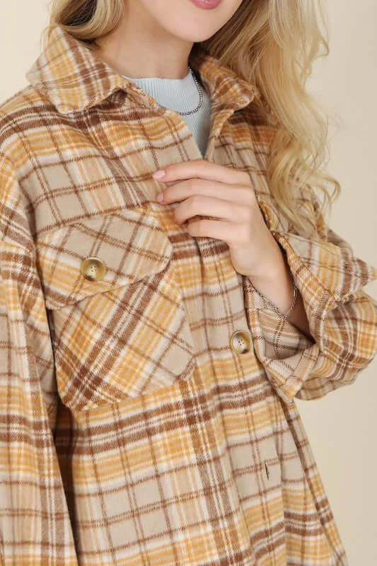 Brown Plaid Shacket with Pockets Side Tie Blouse