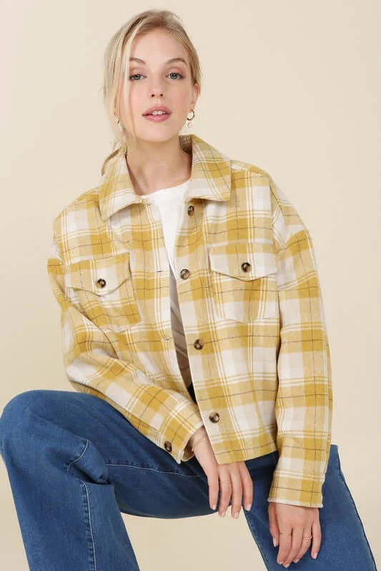 Plaid short Shacket with Pockets Embroidered Cotton Blouse