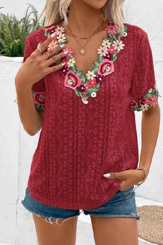 Plain Eyelet V Neck Embroidery Lace Blouse Business Casual Blouse