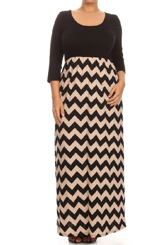 Plus Maxi Dress Chevron Long Full Length Casual 3/4 Sleeve Women Solid Trendy Fit-and-Flare Maxi Dress