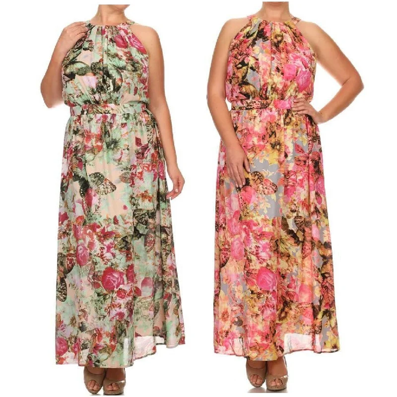 Plus Maxi Dress Chiffon Butterfly Floral Sleeveless Mock Neck Womens Fashionable Asymmetrical Maxi Dress