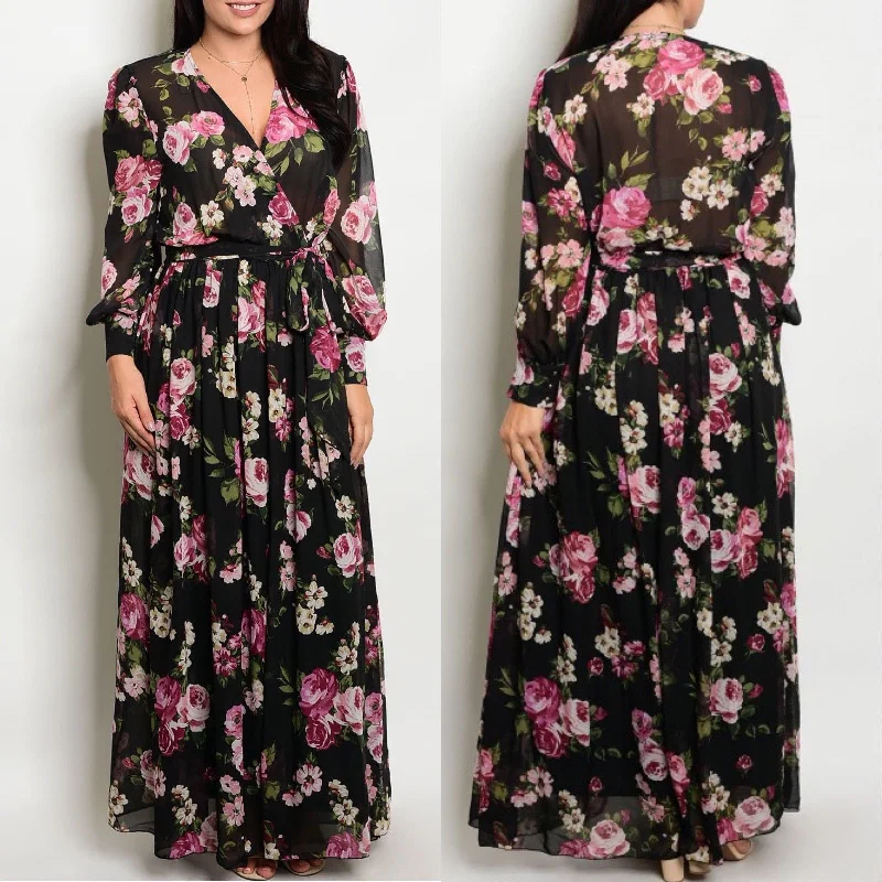 Plus Maxi Dress Floral Magenta Chiffon Sheer Wrap Print Long Sleeve Wrap Sweep Stylish Maxi Dress with Frills