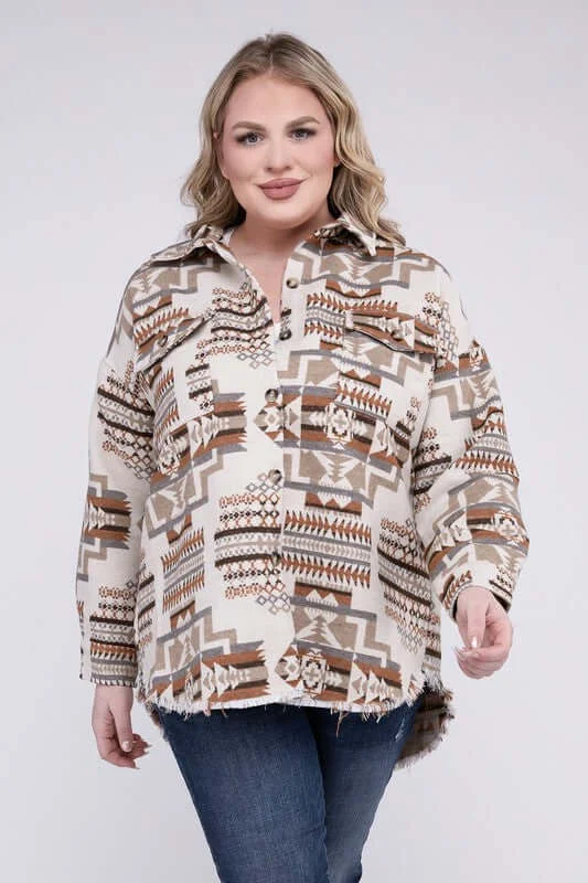 Plus Size Aztec Western Shacket Off-Shoulder Wrap Blouse