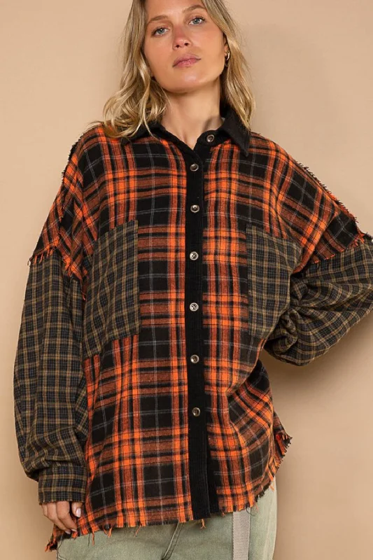 POL Plaid Contrast Long Sleeve Raw Hem Shacket with Chest Pockets Smart Business Blouse