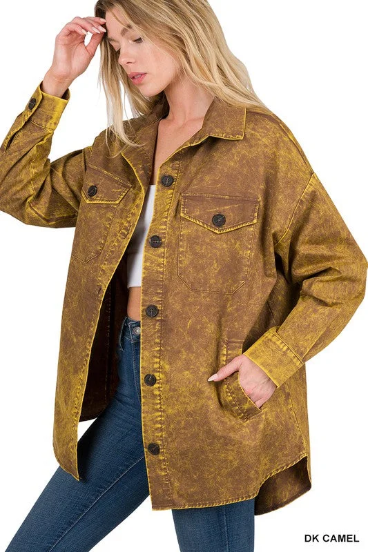 Cotton Woven Vintage Washed Shacket by Zenana Gathered Detail Blouse
