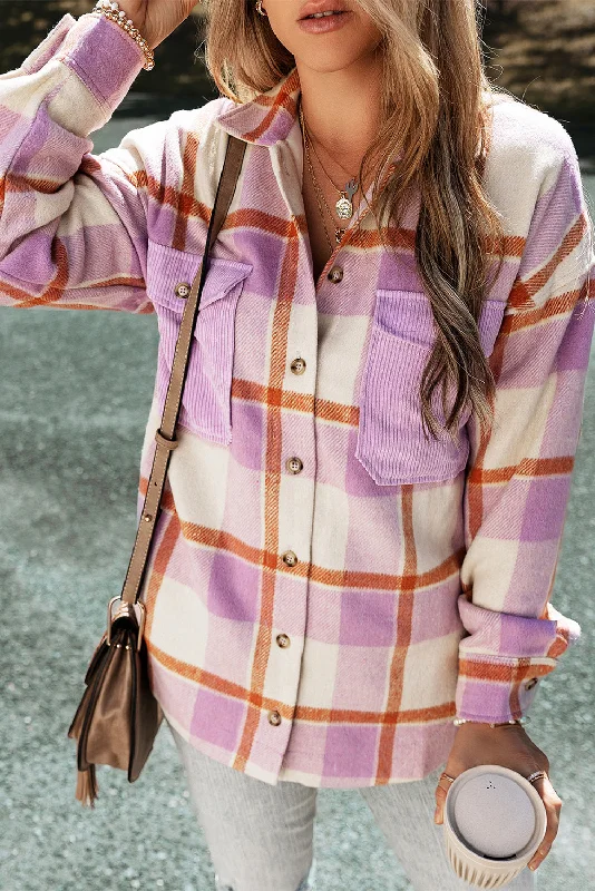 Purple Corduroy Pockets Brushed Checkered Shacket Sheer Mesh Blouse