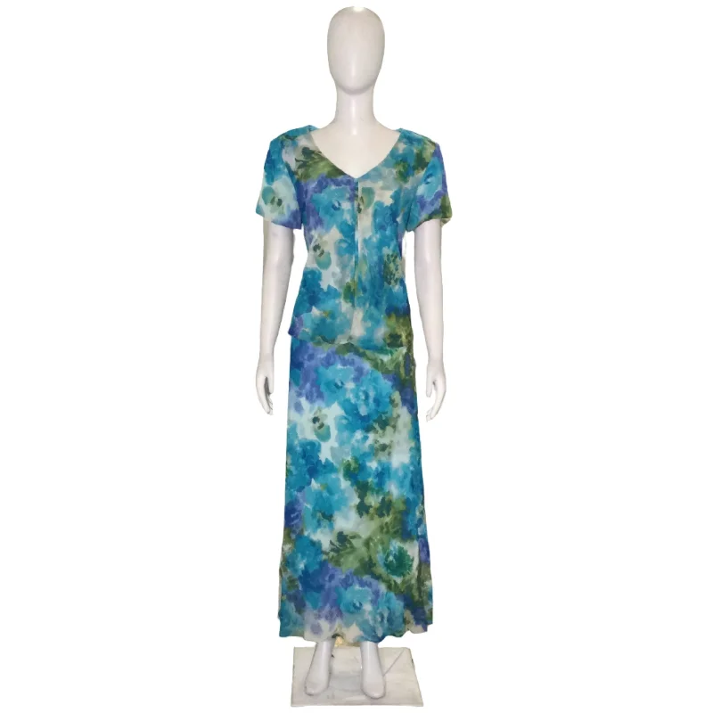 R&M RICHARDS BLUE ABSTRACT MAXI DRESS-14 Comfortable Satin Maxi Dress