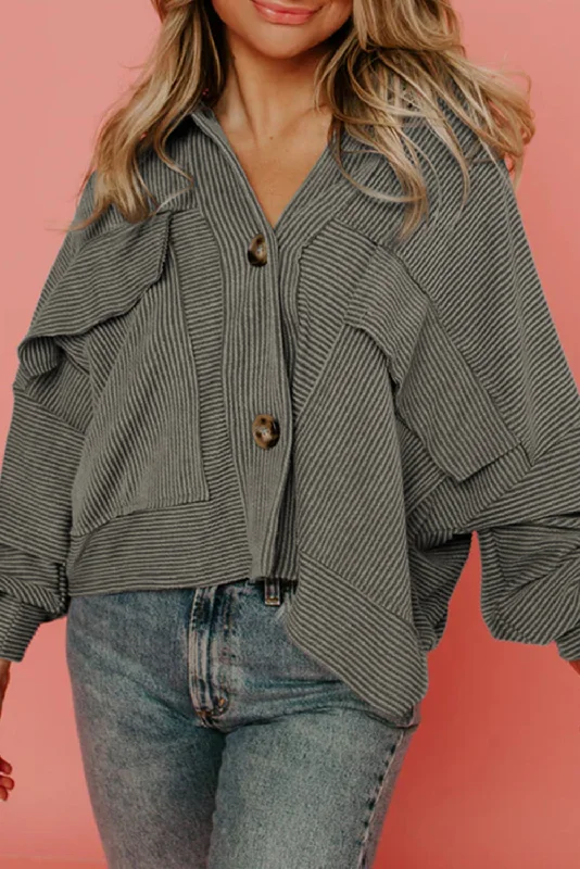 Real Teal Boxy Fit Flap Pockets Pinstriped Shacket Soft Knit Blouse