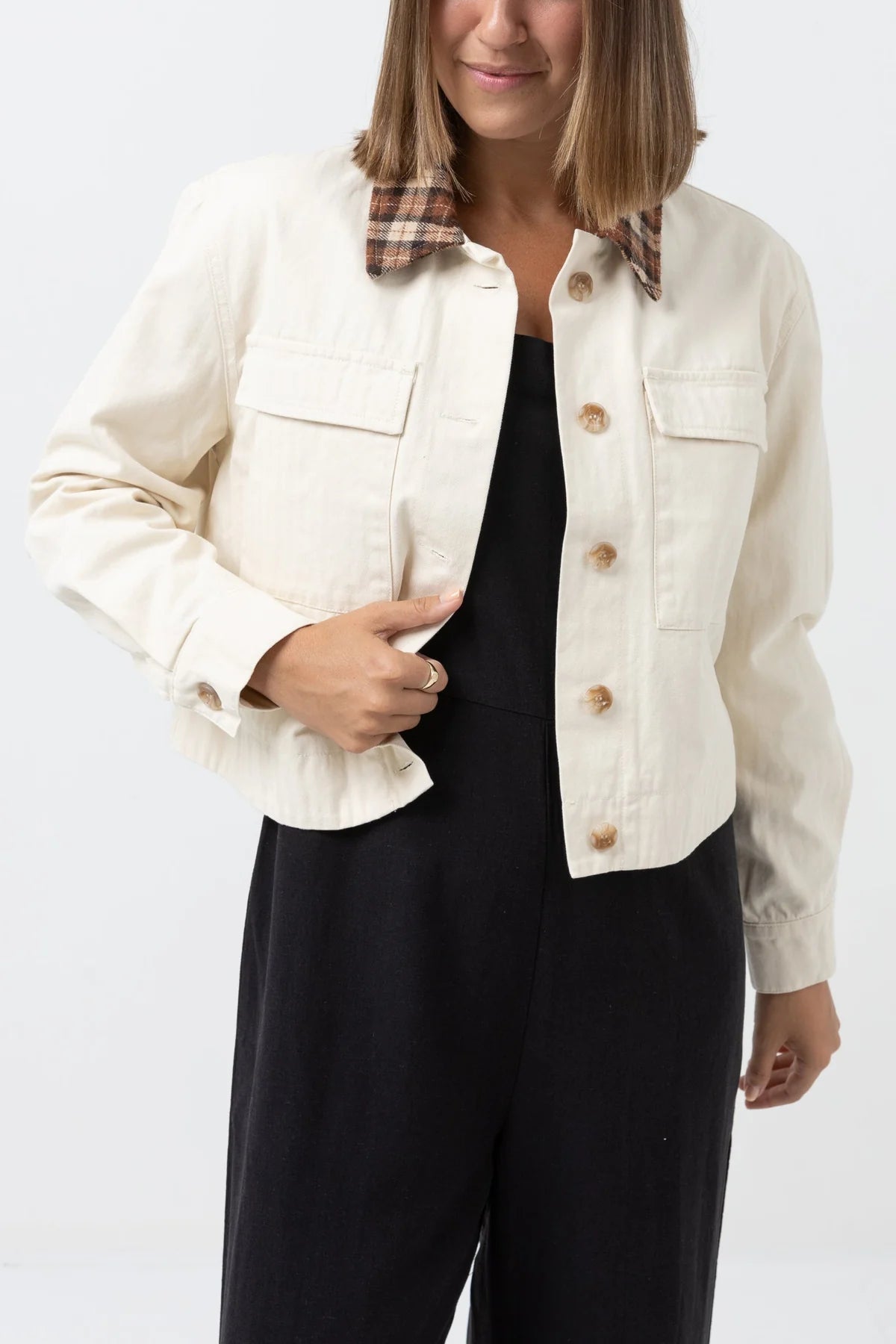 RHYTHM Women's Dylan Cropped Shacket Cream Gathered Detail Blouse