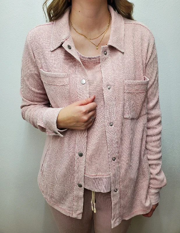 RILEY WAFFLE KNIT SHACKET - DUSTY MAUVE Feminine Tie Blouse