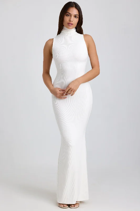 Ribbed Modal Turtleneck Maxi Dress in White Trendy Short Sleeve Maxi Dress