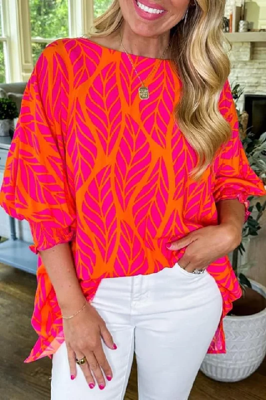 Rose Tropical Leaf Print Smocked Puff Sleeve Blouse Satin Bow Blouse