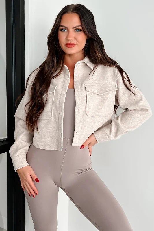 Rumi Brushed Fleece Crop Shacket (Oatmeal) Elegant Office Blouse